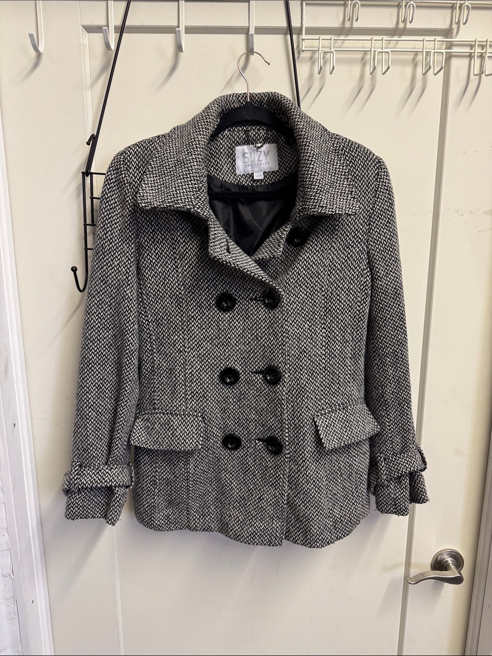 Suzy Shier Black and White Herringbone Double-Breasted Wool Blend Peacoat M